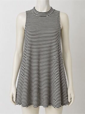 Striped Sleeveless Mock Neck Swing Top Black White Tunic Tank